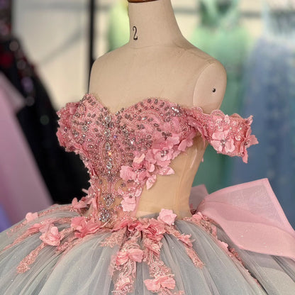 Vestidos de quinceañera con flores 3D de tul, estilo princesa, hombros descubiertos, para fiesta de dulces 16, HE441