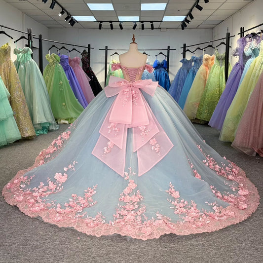Vestidos de quinceañera con flores 3D de tul, estilo princesa, hombros descubiertos, para fiesta de dulces 16, HE441