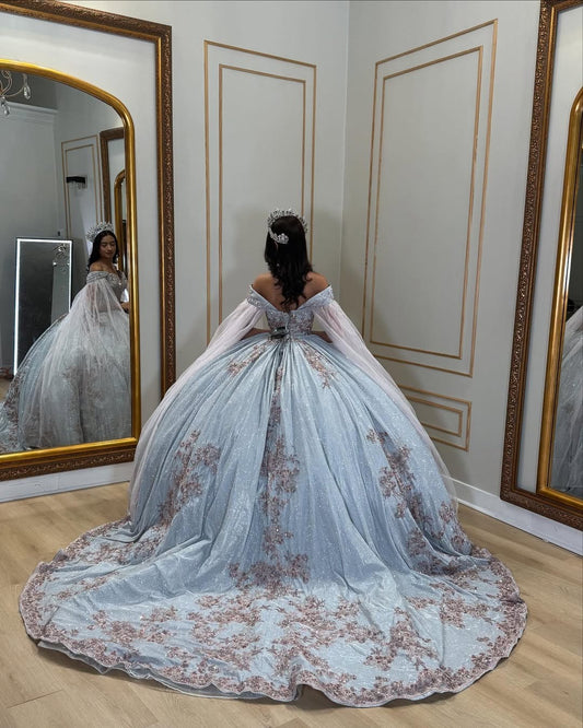 Vestidos de quinceañera con apliques de encaje y tul brillante, estilo princesa, para fiesta de dulces 16, HE435