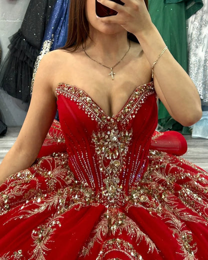Vestidos de quinceañera rojos con escote corazón y apliques de tul, vestidos de fiesta HE512