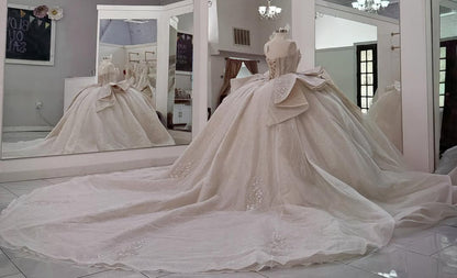 Vestido de quinceañera con tul color champán y encaje con cuentas, vestido de fiesta estilo princesa con escote corazón HE429
