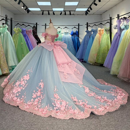 Vestidos de quinceañera con flores 3D de tul, estilo princesa, hombros descubiertos, para fiesta de dulces 16, HE441