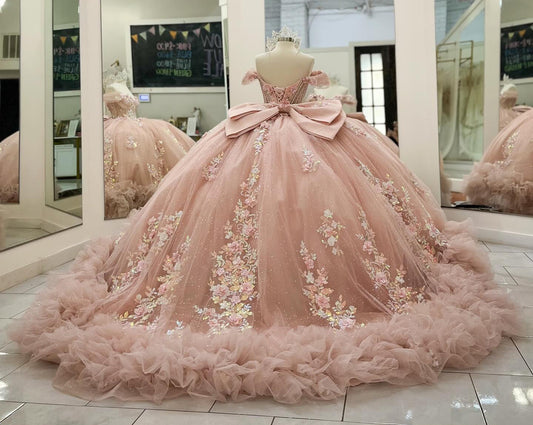 Vestidos de quinceañera rosa ruborizado, hombros descubiertos, estilo princesa, HE428