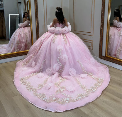Vestidos de quinceañera con apliques de tul y escote corazón, vestidos de fiesta princesa color rosa HE436