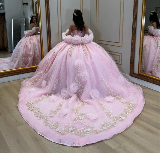Vestidos de quinceañera con apliques de tul y escote corazón, vestidos de fiesta princesa color rosa HE436