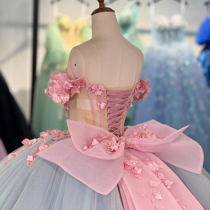 Vestidos de quinceañera con flores 3D de tul, estilo princesa, hombros descubiertos, para fiesta de dulces 16, HE441