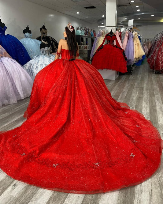 Princess Red Quinceanera Dresses Glittery Tulle Appiqued Prom Gowns HE520