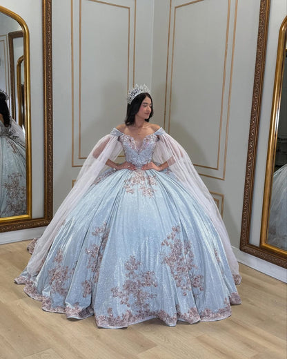 Vestidos de quinceañera con apliques de encaje y tul brillante, estilo princesa, para fiesta de dulces 16, HE435