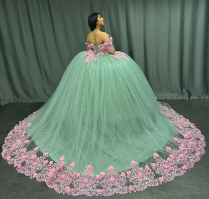 Vestidos de quinceañera estilo princesa con hombros descubiertos, tul verde y flores 3D, vestidos de fiesta HE438