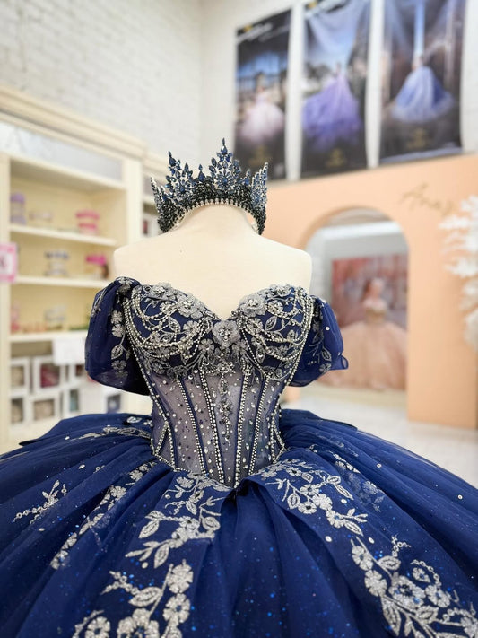 Vestidos de quinceañera con hombros descubiertos y apliques de encaje de tul para fiesta de dulces 16 HE503