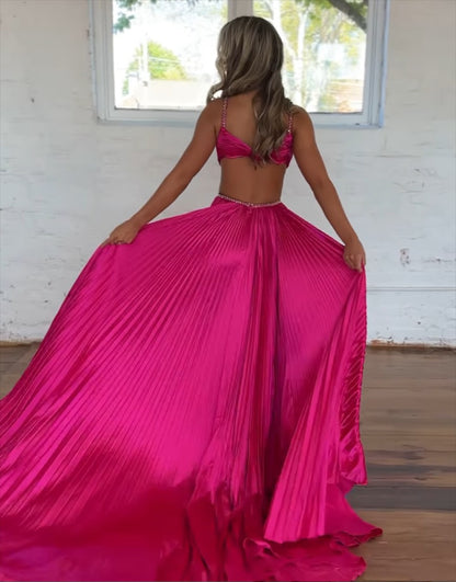 HE027-Vestidos de fiesta largos metalizados de corte A para mujer, vestidos de noche con abertura lateral, vestidos de fiesta de talla grande con escote en V y pliegues