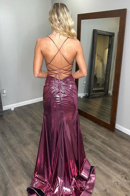 HE015-Metallic Satin Prom Dresses for Women Sexy V Neck Evening Gowns Long Spaghetti Straps Backless Party Dresses