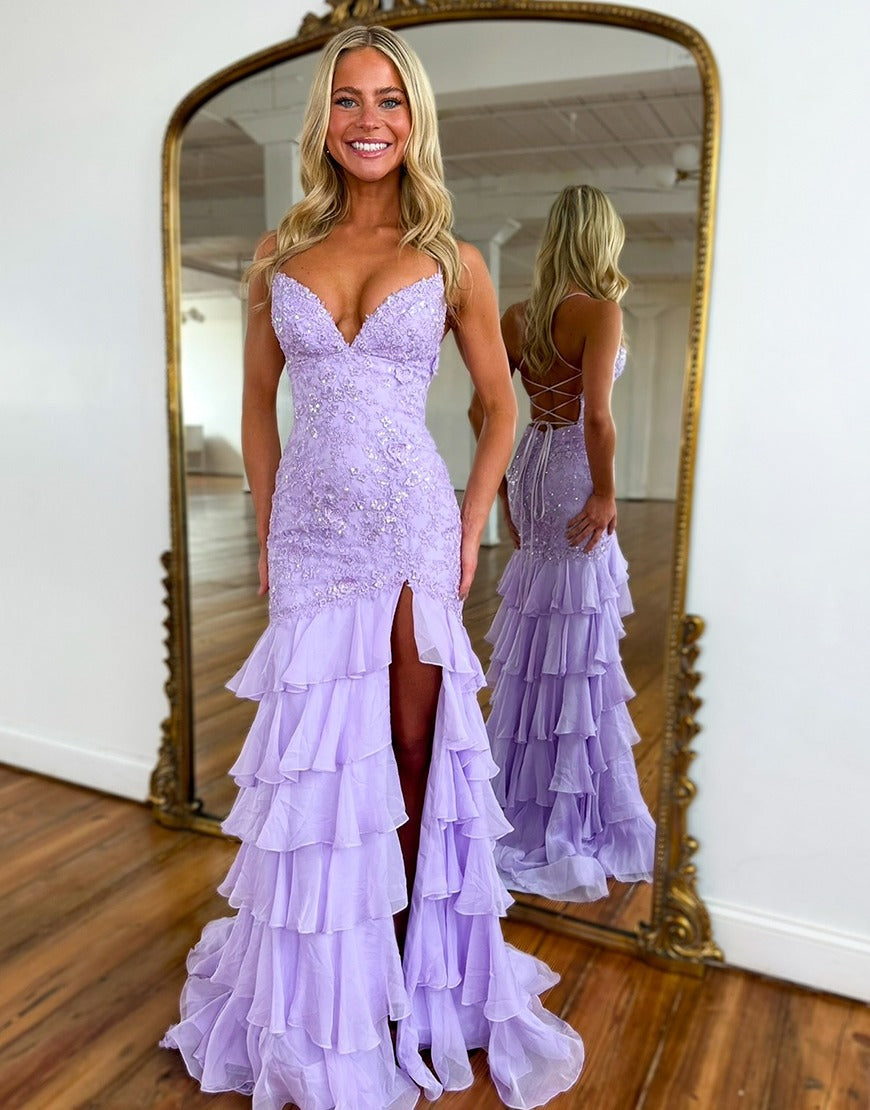 HE181-Women's Mermaid Chiffon Ruffles Prom Dresses Long Lace Appliqued Evening Gowns Sexy Backless Party Dresses with Slit