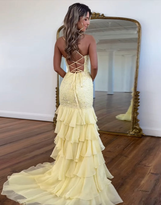 HE181-Women's Mermaid Chiffon Ruffles Prom Dresses Long Lace Appliqued Evening Gowns Sexy Backless Party Dresses with Slit