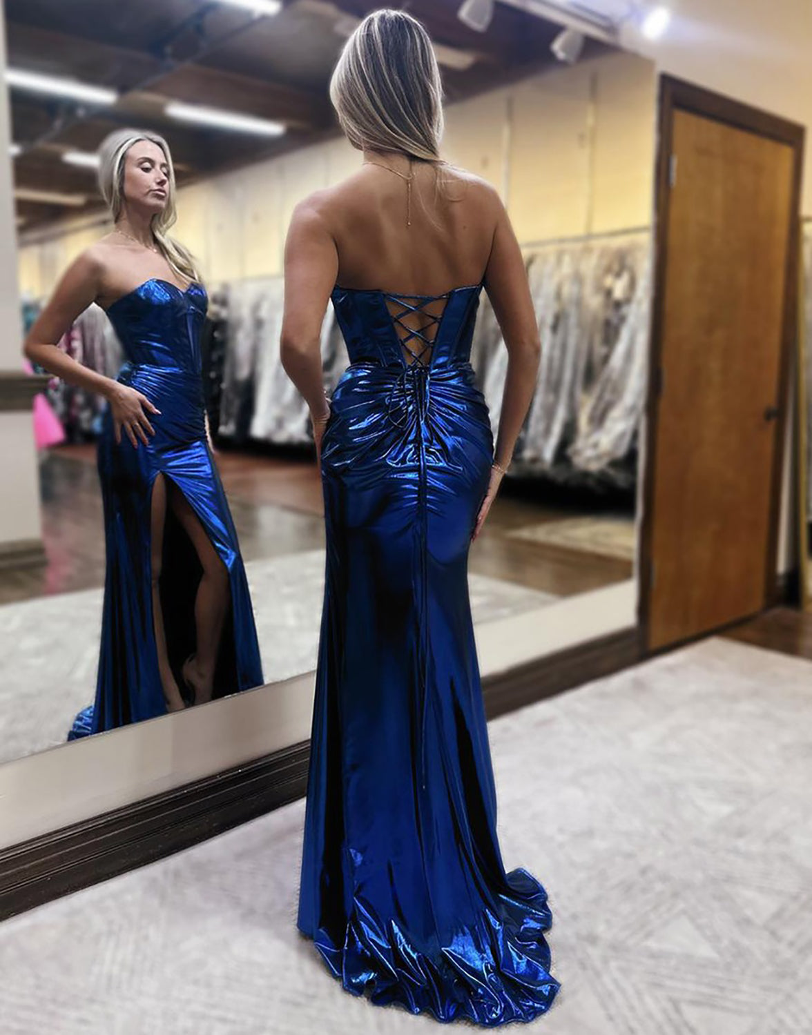 Glitter Metallic Long Prom Dress Sweetheart Corset Plus Size Evening G – Hebebridal