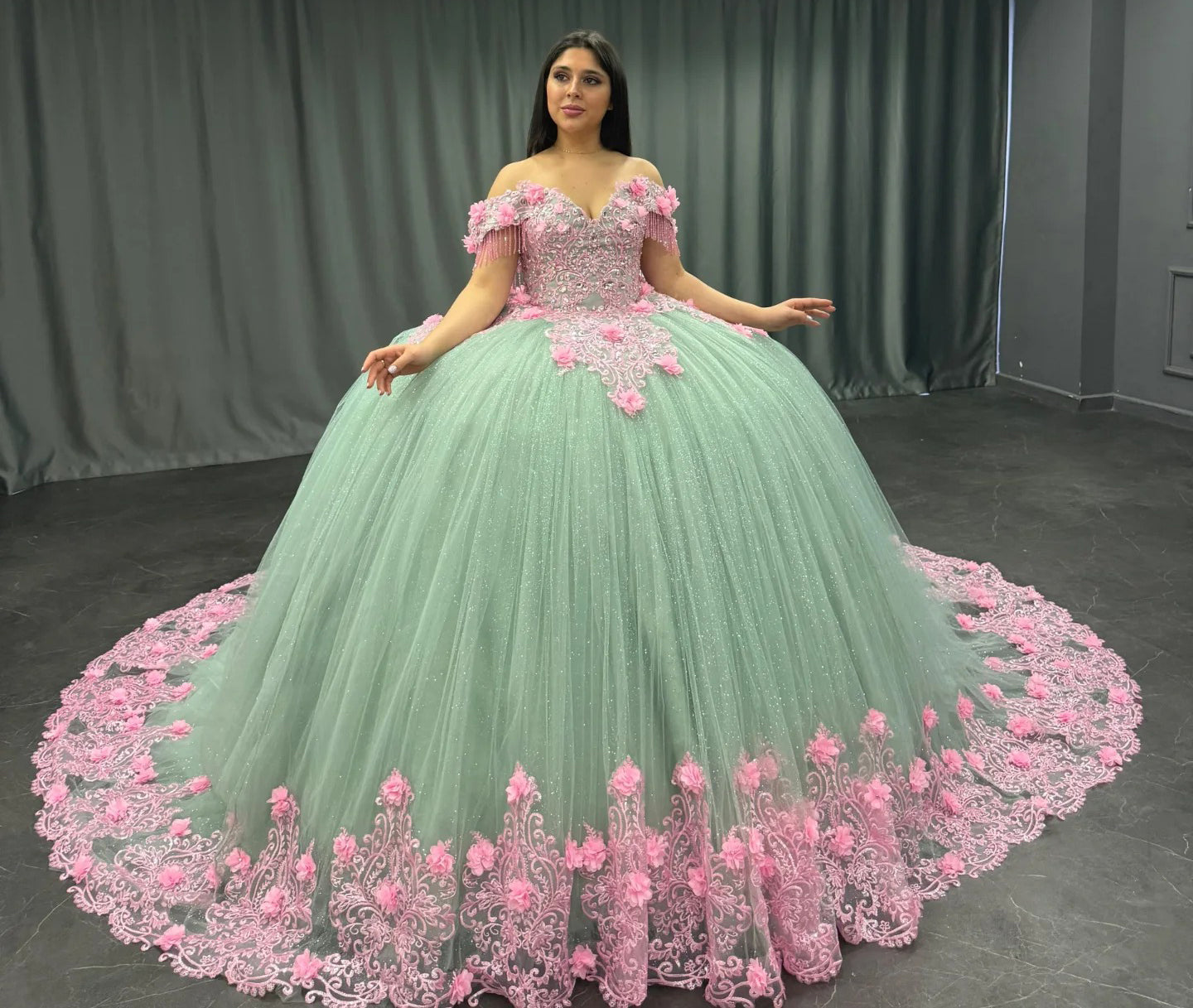 Off Shoulder Princess Quinceanera Dresses Green Tulle 3d Flowers Prom Gowns HE438
