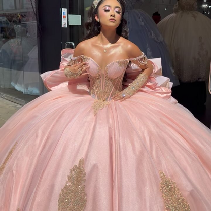 Vestidos de quinceañera con hombros descubiertos, tul princesa, apliques, vestidos de quinceañera HE530