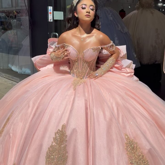 Vestidos de quinceañera con hombros descubiertos, tul princesa, apliques, vestidos de quinceañera HE530