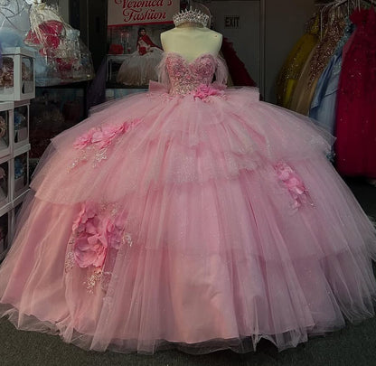 Off Shoulder Princess Tulle 3d Flowers Pink Quinceanera Dresses for Sweet 16 HE808