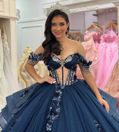 Vestidos de quinceañera con hombros descubiertos, tul princesa, apliques, vestidos de quinceañera HE530