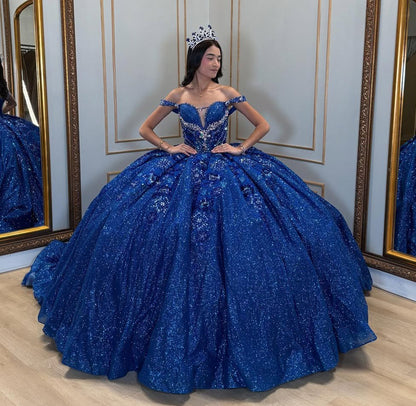Glittery Tulle Lace Beaded Ball Gown Quinceanera Dresses for Sweet 16 HE686