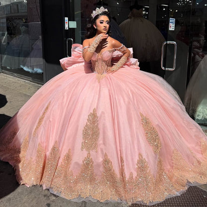 Vestidos de quinceañera con hombros descubiertos, tul princesa, apliques, vestidos de quinceañera HE530