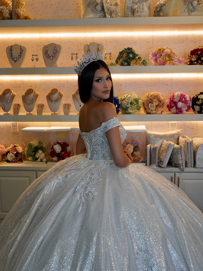 Vestidos de quinceañera estilo princesa con hombros descubiertos y apliques de tul brillante, vestidos de fiesta HE505