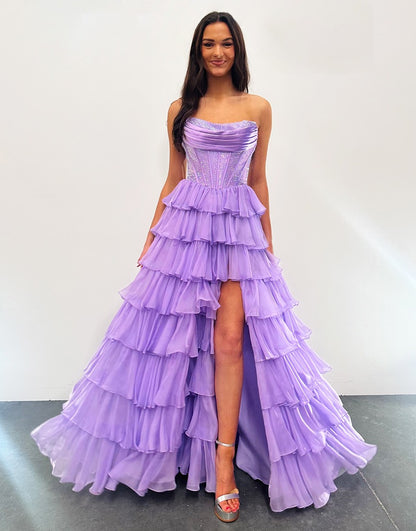 Sparkly A-Line Long Prom Dresses Strapless Corset Ruffles Evening Gown Hebebridal Sparkly A-Line Long Prom Dresses Strapless Corset Ruffles Evening Gown Hebebridal