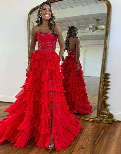 Sparkly A-Line Long Prom Dresses Strapless Corset Ruffles Evening Gown Hebebridal Sparkly A-Line Long Prom Dresses Strapless Corset Ruffles Evening Gown Hebebridal