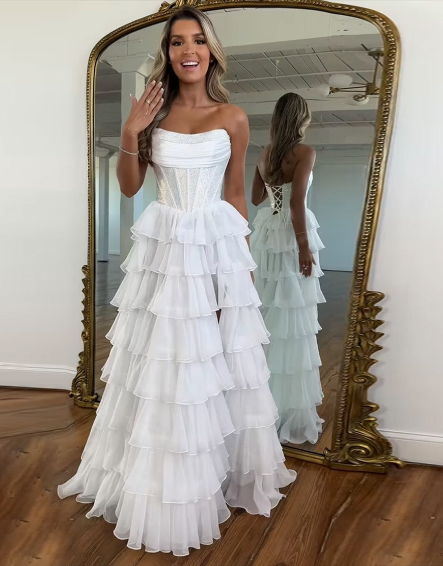 sparkly a line strapless black corset prom dress with ruffles Amazon.com: Caodip Corset Tiered Strapless Black Prom Dress for Teens 2026  Ruffle Off the Shoulder Long Ball Gown Evening Dresses A Line Chiffon Lace  Puffy Prom Dresses with Slit US0 : Clothing,