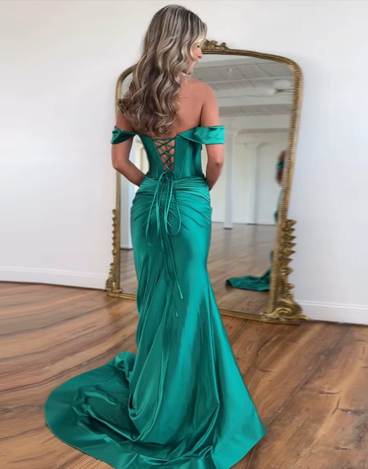 HE029-Off Shoulder Corset Long Prom Dresses with Slit Mermaid Satin Evening Gowns Elegant Plus Size Formal Party Dresses