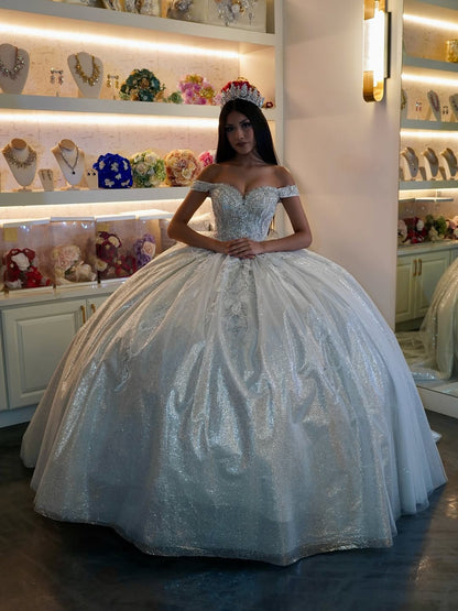 Vestidos de quinceañera estilo princesa con hombros descubiertos y apliques de tul brillante, vestidos de fiesta HE505