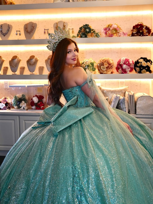 Vestidos de quinceañera con tul brillante y mangas abullonadas para dulces 16 HE504