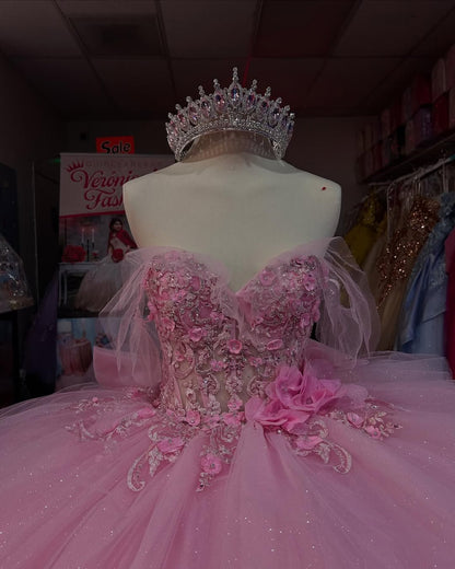 Off Shoulder Princess Tulle 3d Flowers Pink Quinceanera Dresses for Sweet 16 HE808