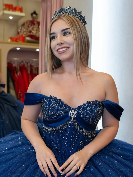 Vestidos de quinceañera con hombros descubiertos, tul princesa, apliques, vestidos de quinceañera HE530