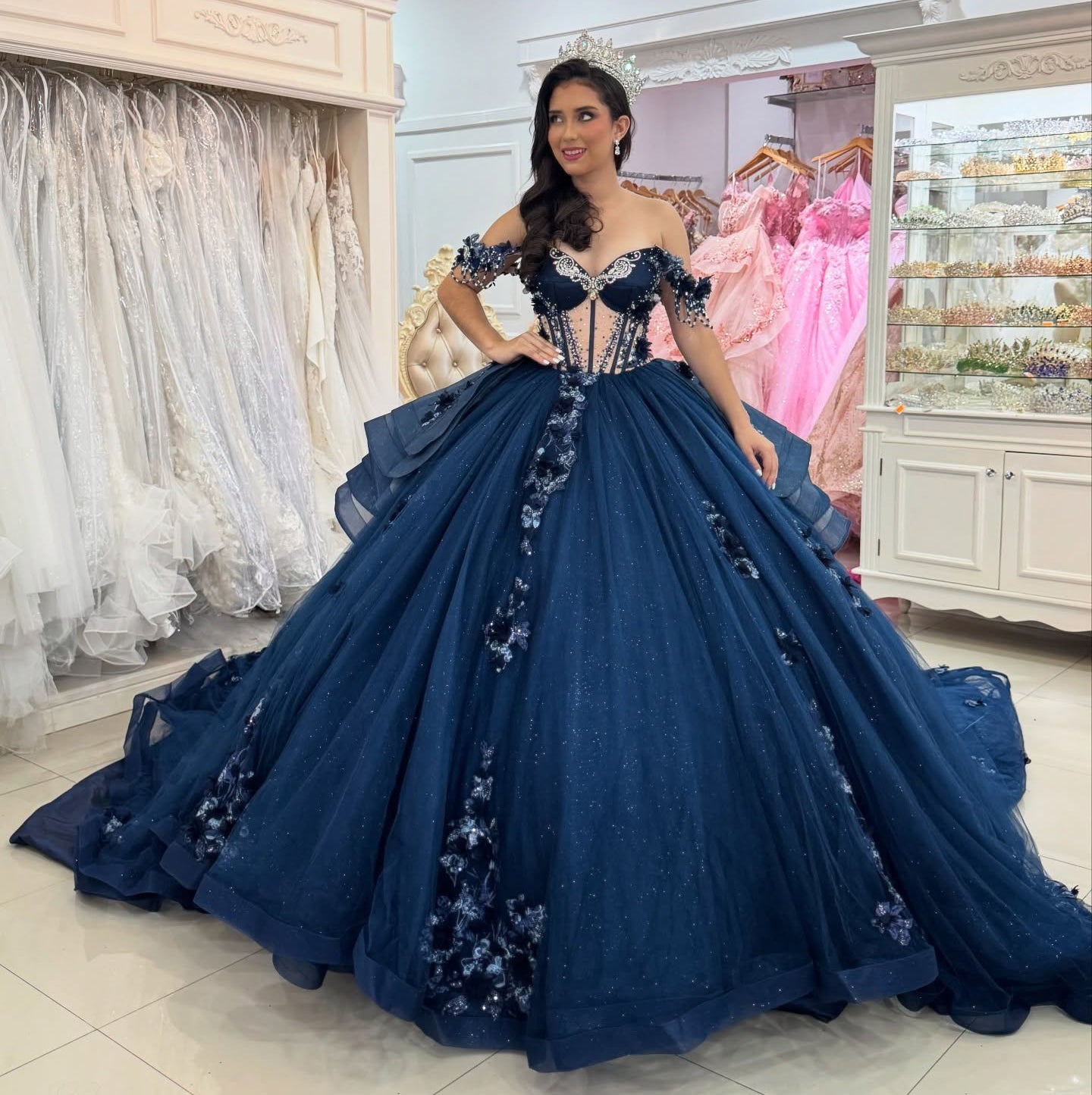 Vestidos de quinceañera con hombros descubiertos, tul princesa, apliques, vestidos de quinceañera HE530