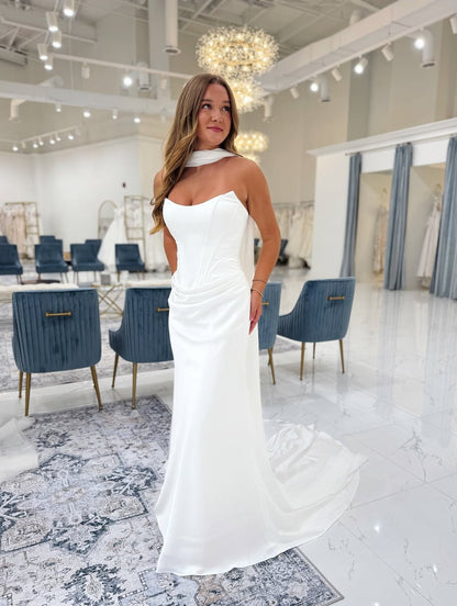 Mermaid Satin Corset Simple White Wedding Dresses Sweetheart Bridal Dresses HE795