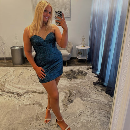 Vestidos de fiesta cortos sin mangas con lentejuelas brillantes HE539