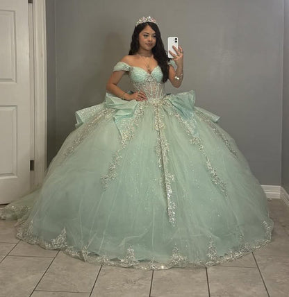 Off Shoulder Tulle Appliqued Princess Ball Gown Mint Quinceanera Dresses HE817