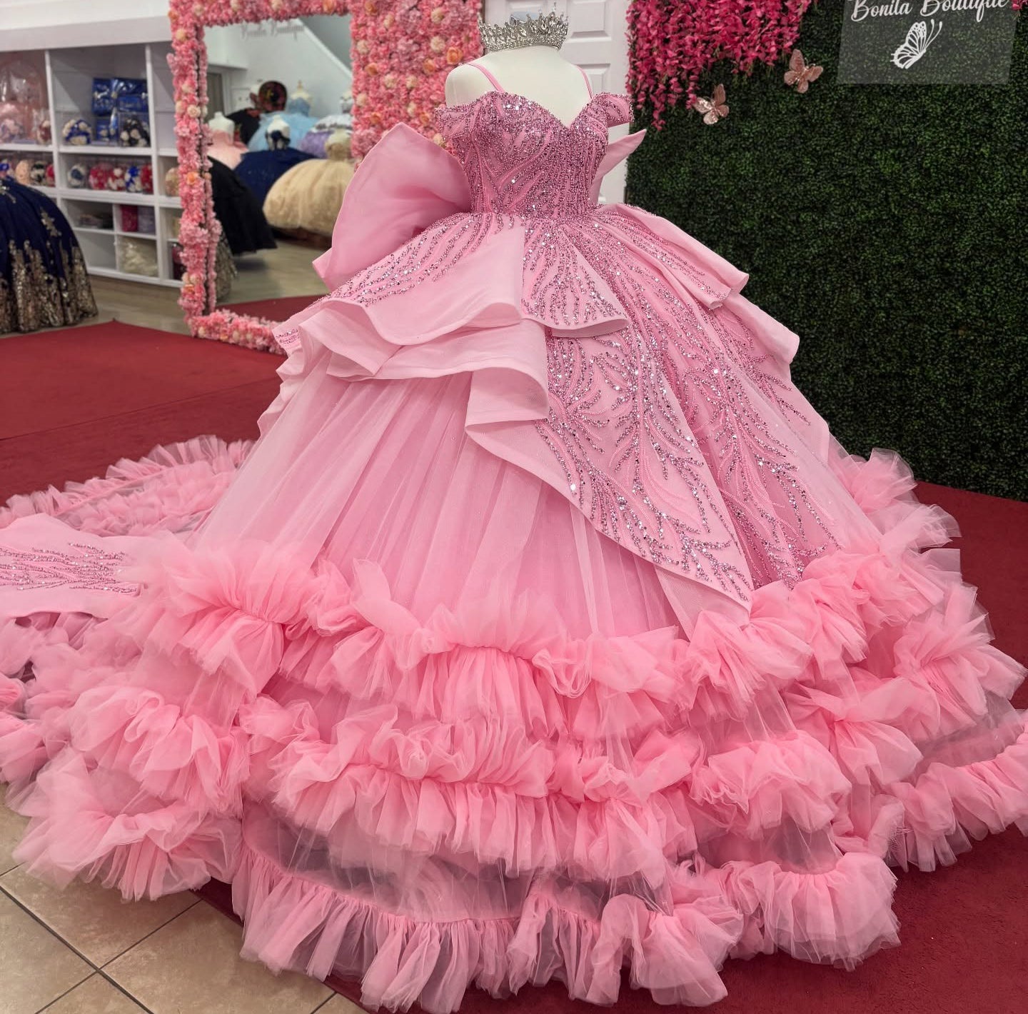 Ball Gown Tulle Lace Beaded Ruffles Pink Quinceanera Dresses for Sweet 16 HE953