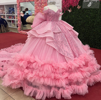 Ball Gown Tulle Lace Beaded Ruffles Pink Quinceanera Dresses for Sweet 16 HE953