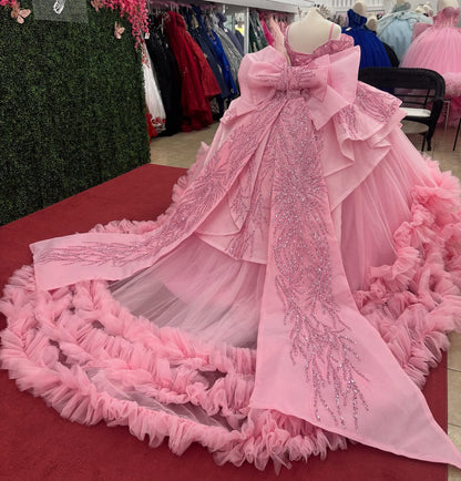 Ball Gown Tulle Lace Beaded Ruffles Pink Quinceanera Dresses for Sweet 16 HE953