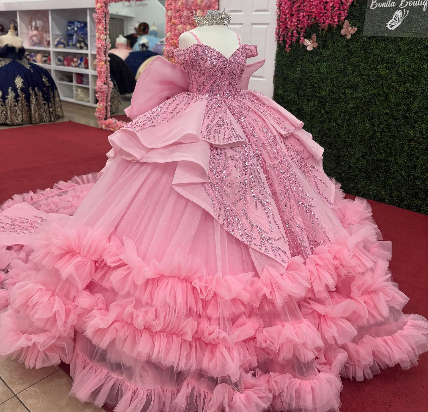 Ball Gown Tulle Lace Beaded Ruffles Pink Quinceanera Dresses for Sweet 16 HE953