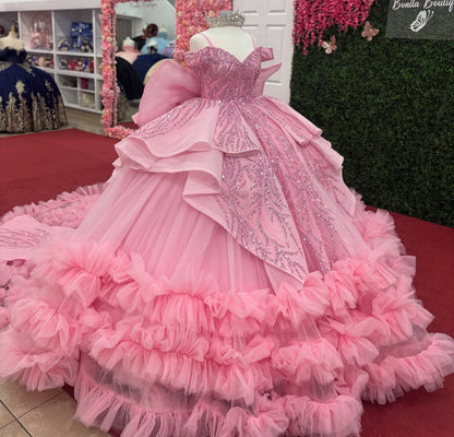 Ball Gown Tulle Lace Beaded Ruffles Pink Quinceanera Dresses for Sweet 16 HE953