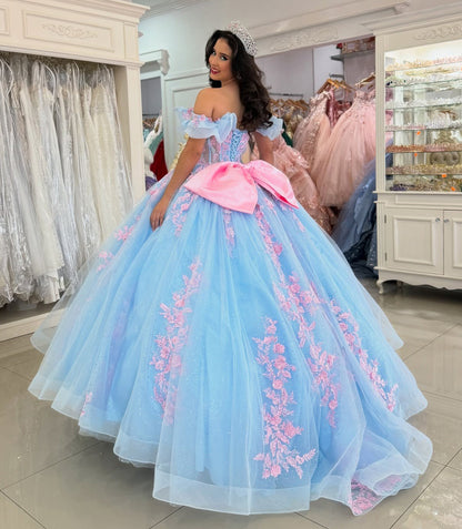 Vestidos de quinceañera con hombros descubiertos, tul princesa, apliques, vestidos de quinceañera HE530