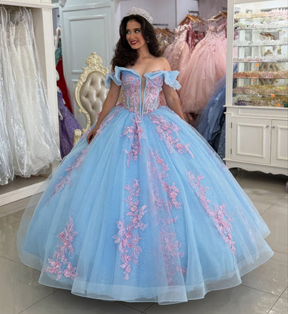 Vestidos de quinceañera con hombros descubiertos, tul princesa, apliques, vestidos de quinceañera HE530