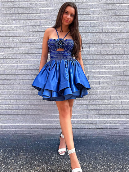 Vestidos de fiesta de satén con cuentas y corte en A, cuello halter, vestidos de cóctel HE559