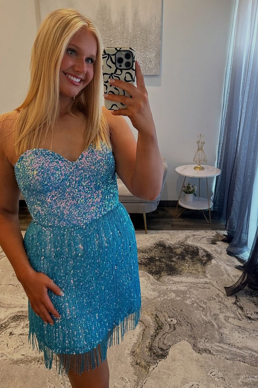 Vestidos de fiesta sin tirantes con borlas y lentejuelas en forma de corazón, vestidos de cóctel HE458