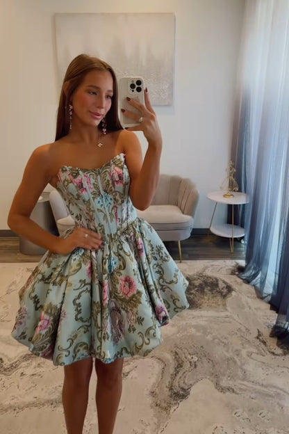 Strapless Satin Floral Print Homecoming Dresses A Line Party Gowns HE460