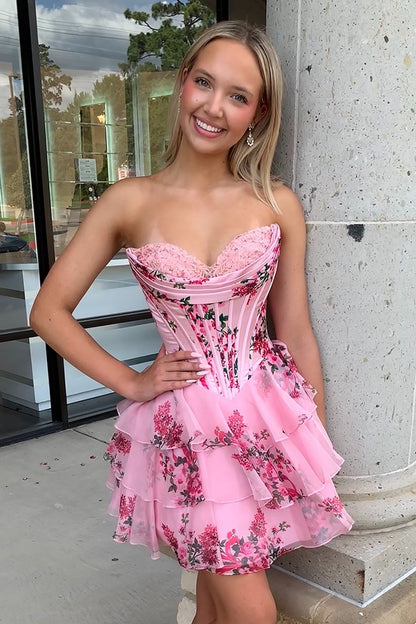 A Line Sweetheart Floral Print Ruffles Corset Homecoming Dresses HE573 – Hebebridal